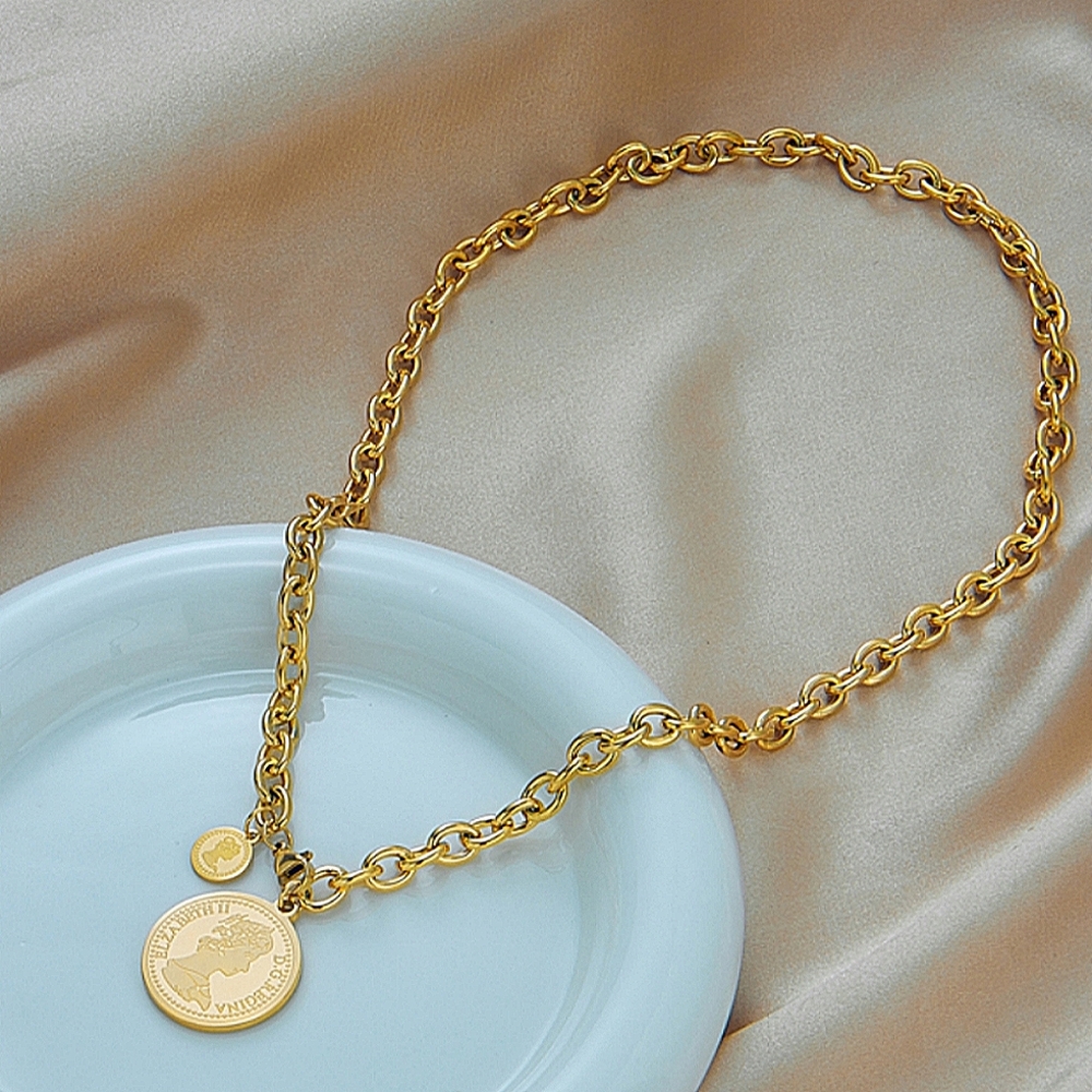 Queen Elizabeth Coin Gold Plated Chain Link Necklace Matching Bracelet Set - Picture 3 of 11